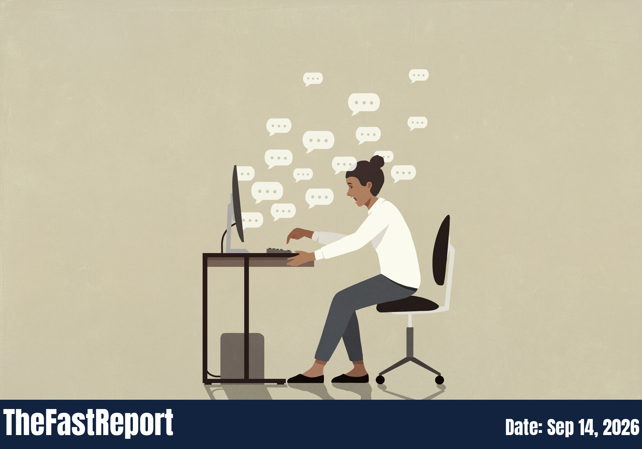Woman chatting online, working at computer on office desk