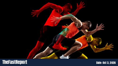 Creative collage of man, professional athlete, runner isolated over black background. Glitch and duotine effect